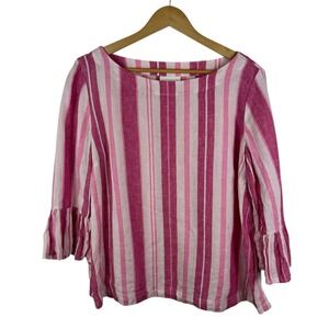Charter Club 100% Linen Striped Top Large Pink Ruffle Cuff Preppy Coastal Beachy